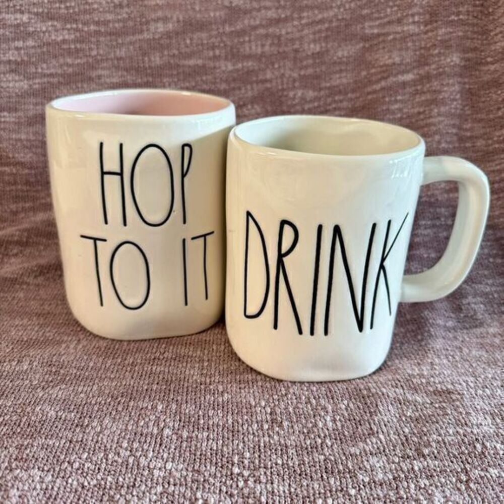 Rae Dunn‎ DRINK & HOP TO IT Artisan Magenta Classic Coffee Mug Set of 2 NEW